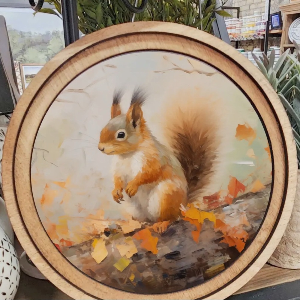 Fall Autumn Charming Squirrel Wall Art in Brown and Orange Wood Frame